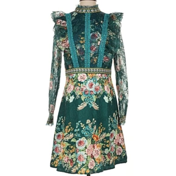 Glory & Co Dresses & Skirts - Glory & Co Teal Floral Lace Long Sleeve Mini Dress Vtg Garden Party Cottagecore